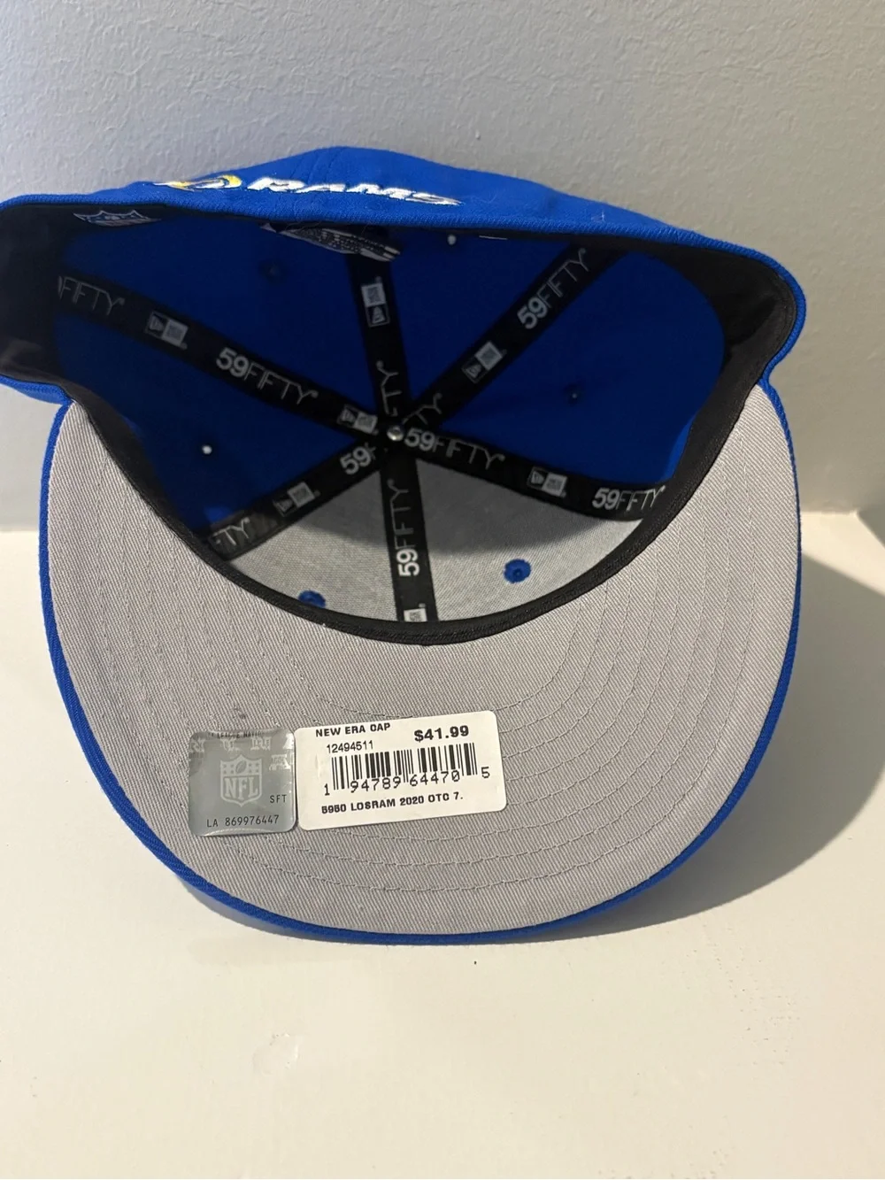 New Era Blue LA Logo Fitted Hat with White and Gold Embroidery